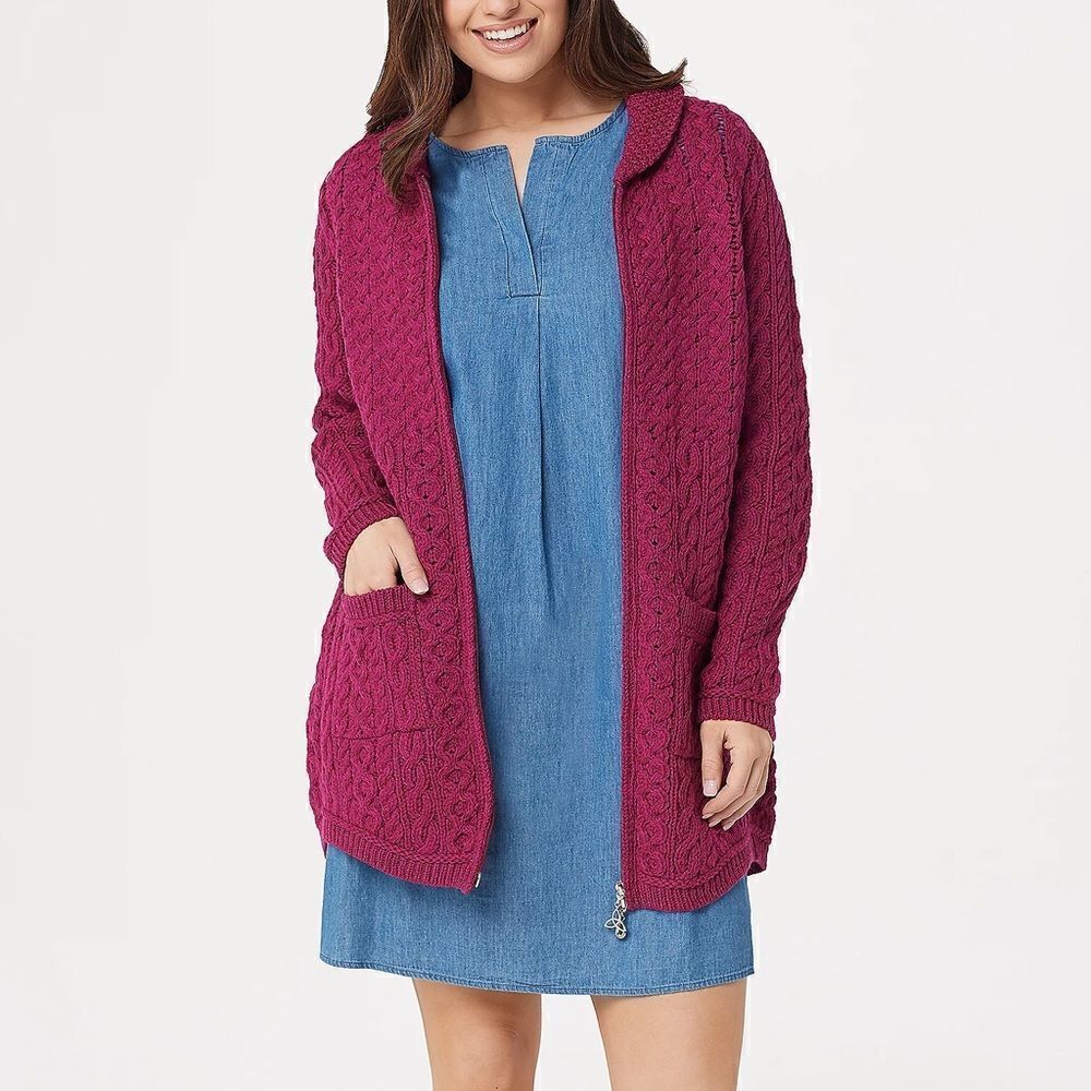 Aran Craft Merino Wool Back Pleat Zip-Front Cardigan